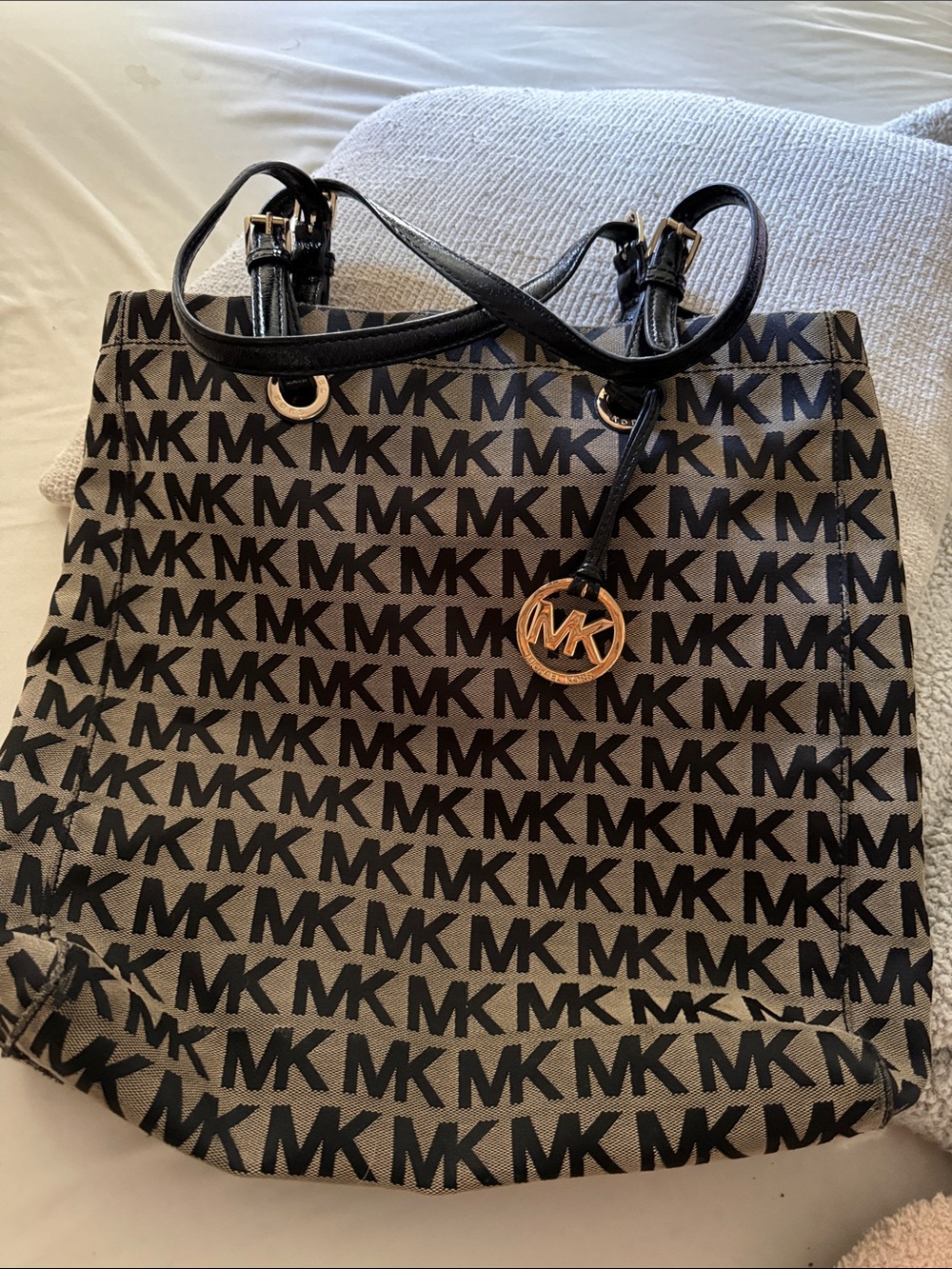 Michael Kors Black and Beige MK Logo Tote with Gold Charm